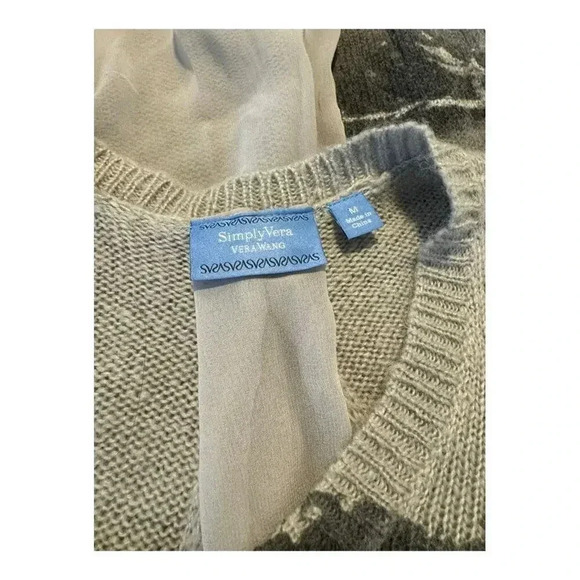 Simply Vera Vera Wang Women’s‎ Medium Grey Watercolor V-Neck Sheer Back Sweater - Picture 6 of 6